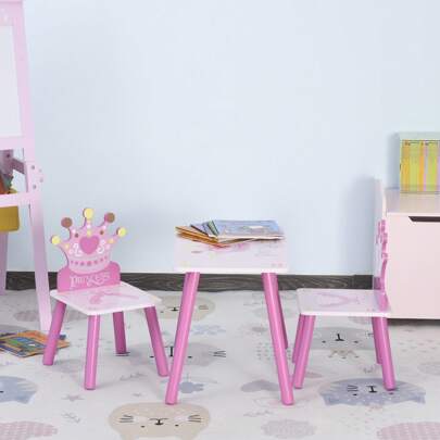 HOMCOM Juego de Mesa y 2 Sillas Infantiles de Madera Set de Mesa 55x34x42 cm Sillas 28x26x50 cm para Niños + 3 Años para Dormitorio Color