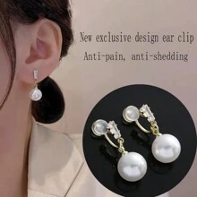 1pair Fashionable Cubic Zirconia Geometric Faux Pearl Clip-On Earrings For Women Without Pierced Ears, No Pain Earclip Ear Cuff Jewelry Suitable For Daily Wear
