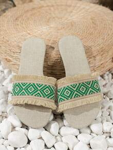 女士性感麻質圓頭編織大尺寸平底露趾拖鞋 - 綠色 - 查看 4