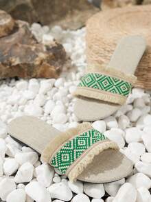 女士性感麻質圓頭編織大尺寸平底露趾拖鞋 - 綠色 - 查看 5