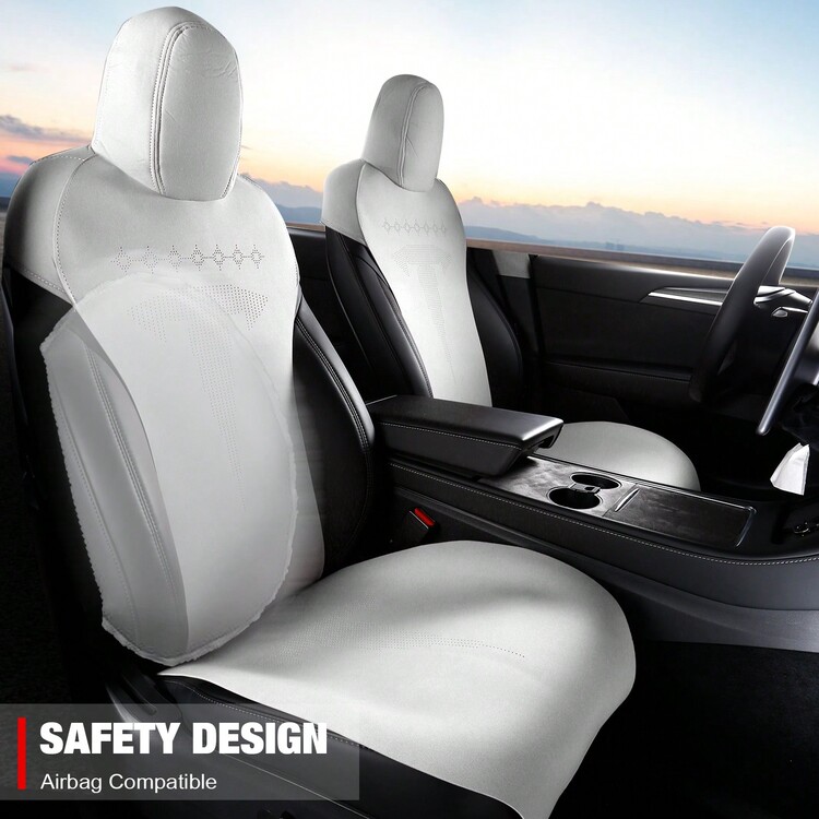 1Set Car Seat Covers Cushions Fit For 2017-2023 Tesla 3  V2 Style Front + Second Row Breathable Easy Clean Suede Leather Driver Seat Cushion Protector Cover Car Interior Accessories For Women Men - White - View 3