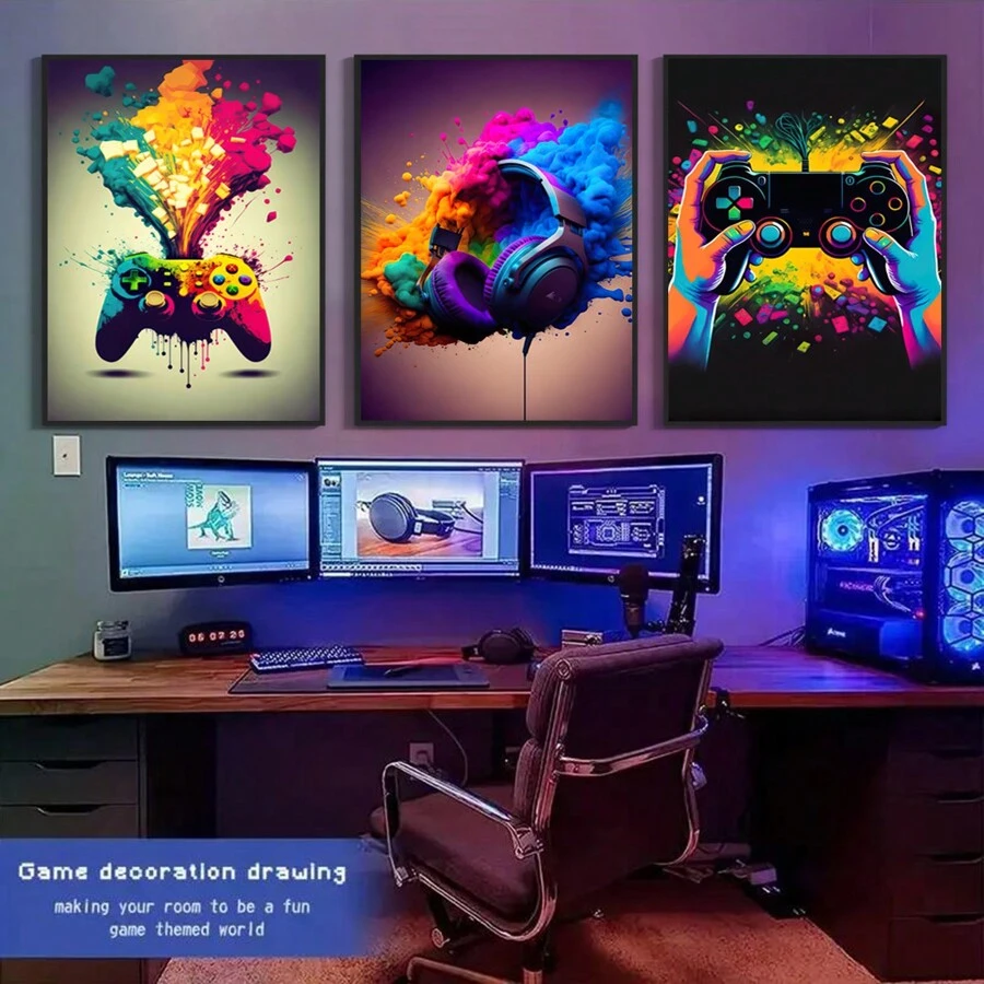 3pcs Canvas Poster, Modern Art, Color Gaming Poster, Ideal Gift For Bedroom Living Room Corridor, Wall Art, Wall Decor, Fall Decor, Room Decoration, No Frame Gifts Birthday Graduation - Multicolor - View 1
