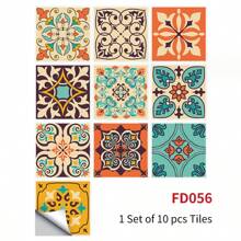 10pcs Kitchen & Bathroom Waterproof Self-Adhesive Wallpaper Removable Wall Sticker Wall Decor, Renovation Tile Sticker - FD0056 Multi-color Pattern - View 3