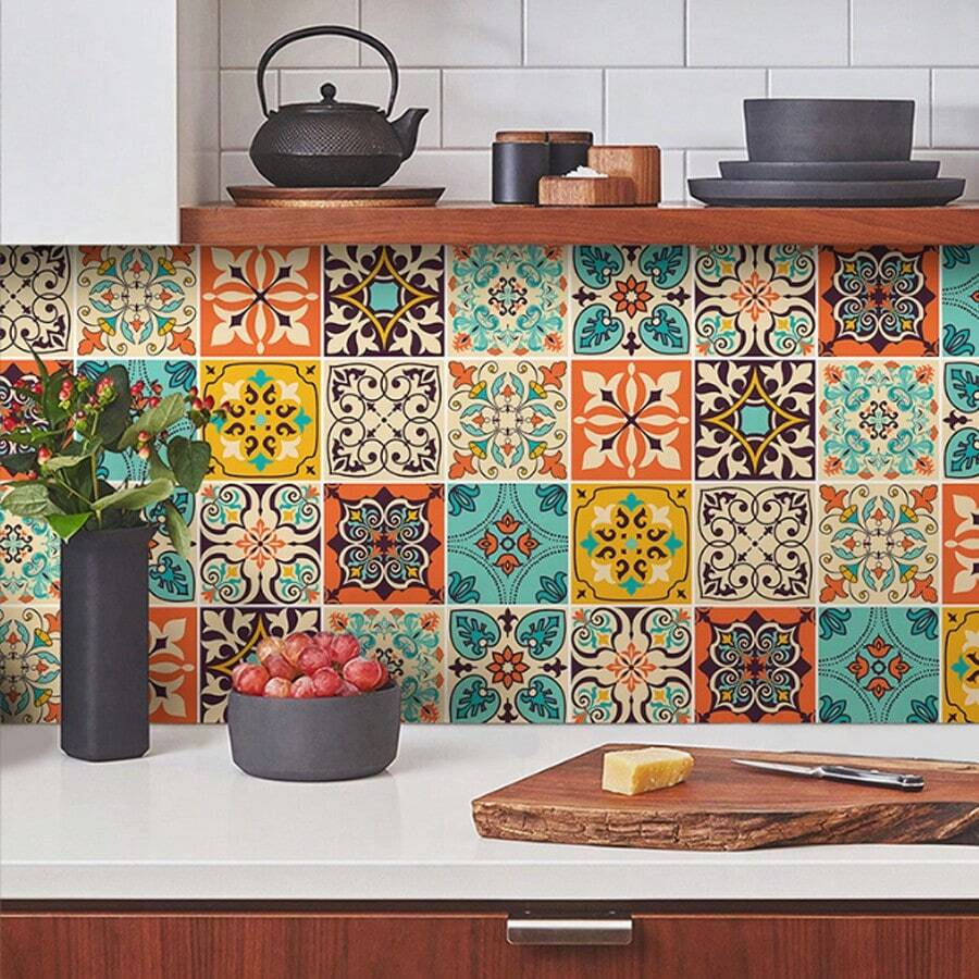 10pcs Kitchen & Bathroom Waterproof Self-Adhesive Wallpaper Removable Wall Sticker Wall Decor, Renovation Tile Sticker - FD0056 Multi-color Pattern - View 1