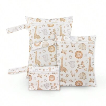3pcs Cute Lion & Floral Pattern Baby Diaper Wet/Dry Bag & Storage Pouch Baby Shower Family Decorations Gifts