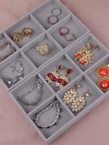 1pc Gray Jewelry Display Tray With 6 Compartments And Velvet Cover For Rings, Earrings, Bracelets, Necklaces And Other Accessories Back To School - Grey - View 1