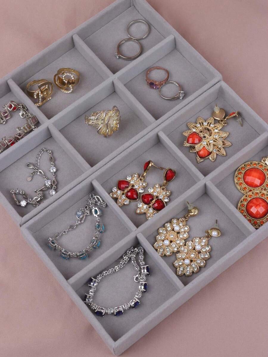 1pc Gray Jewelry Display Tray With 6 Compartments And Velvet Cover For Rings, Earrings, Bracelets, Necklaces And Other Accessories Back To School - Grey - View 1