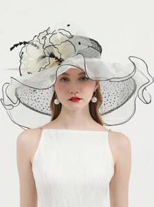 HIMESPORT 欧根纱迷人帽子 婚礼新娘茶会鸡尾酒会女士药盒帽 女士肯塔基德比帽 大号宽边软呢帽 带花朵 - 彩色 - 查看 19