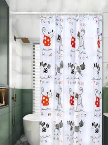 1入peva淋浴簾,白色底色,可愛的貓圖案,含掛鉤,適用於浴室 - 彩色 - 查看 1