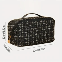 1pc Classic Plaid Pattern Zippered Cosmetic Bag, Multifunctional Travel Toiletry Kit, Portable Makeup Pouch With Handle - Black - View 6