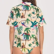 Caribbean Island Print Shirt For Women With Buttons And Short Sleeve - Multicolor - View 4