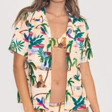 Caribbean Island Print Shirt For Women With Buttons And Short Sleeve - Multicolor - View 3