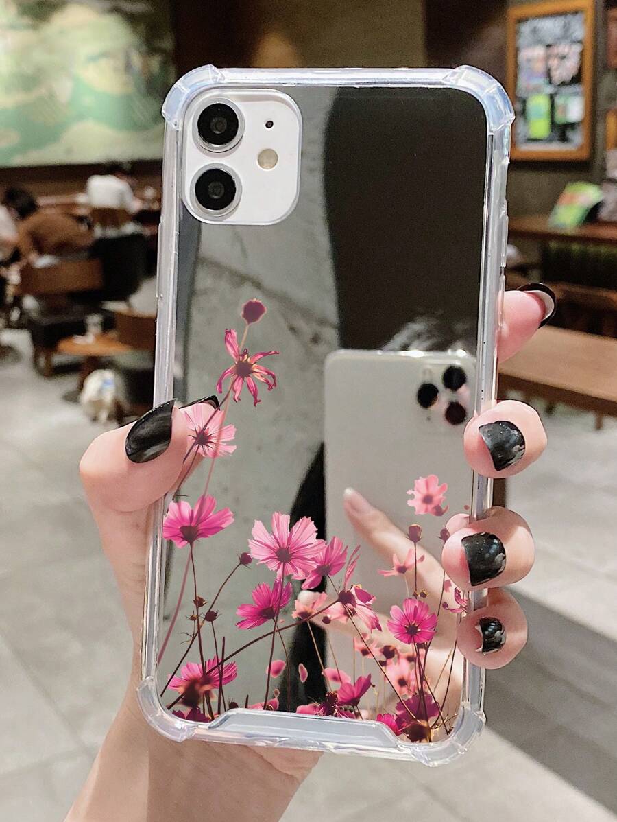 Daisy 1pc Pink Floral Pattern Acrylic Plating Mirror Case Compatible With Apple Iphone - Multicolor - View 1