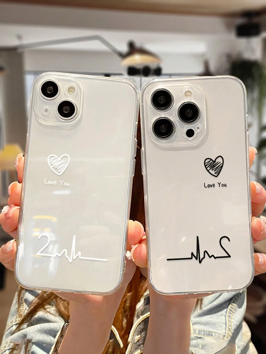 2 piezas Funda de teléfono de estilo estético con diseño de corazón pintado de pareja transparente compatible con iPhone15/Xr/7/8/6/6splus/Iphonex/Iphone11pro Max/Apple13/14/11/12pro Max con borde de silicona suave y funda para teléfono compatible con Samsung A134g A22 A21s A514g A52 S22 Ultra A335g Redmi 10 Redmi Note 11 4g, Redmi 11 Lite A53 con borde de TPU suave y anti caídas - Multicolor - Ver 1