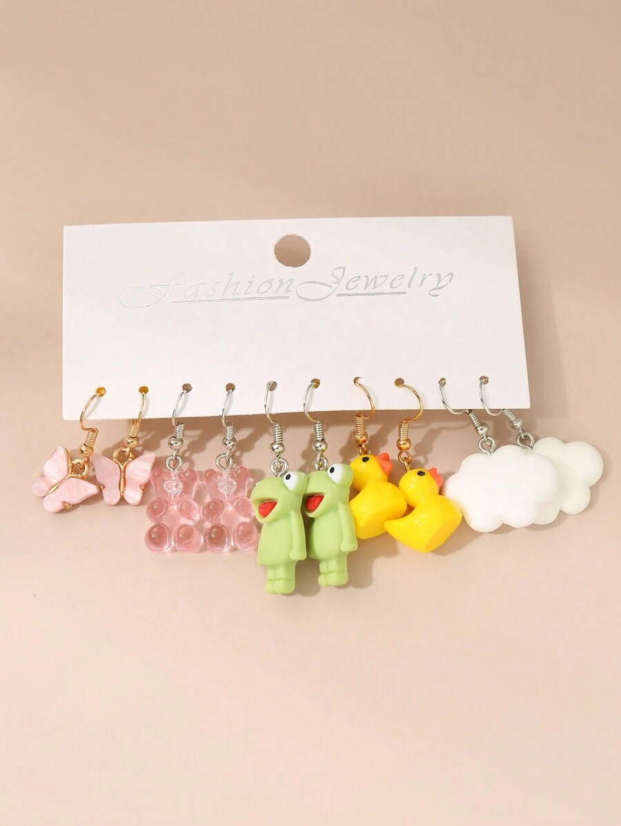 Conjunto De 10 Piezas De Pendientes Para Niñas Con Diseño De Dibujos Animados De Nubes, Osos, Setas Y Corazones - Multicolor - Ver 1