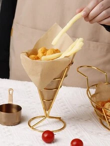 1 Pieza Canasta De Patatas Fritas Con Forma De Cono De Alambre De Hierro, Bandeja De Servicio De Bocadillos - Dorado - Ver 5