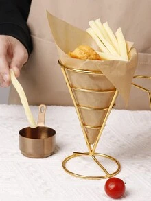 1 Pieza Canasta De Patatas Fritas Con Forma De Cono De Alambre De Hierro, Bandeja De Servicio De Bocadillos - Dorado - Ver 3