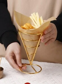 1 Pieza Canasta De Patatas Fritas Con Forma De Cono De Alambre De Hierro, Bandeja De Servicio De Bocadillos - Dorado - Ver 1