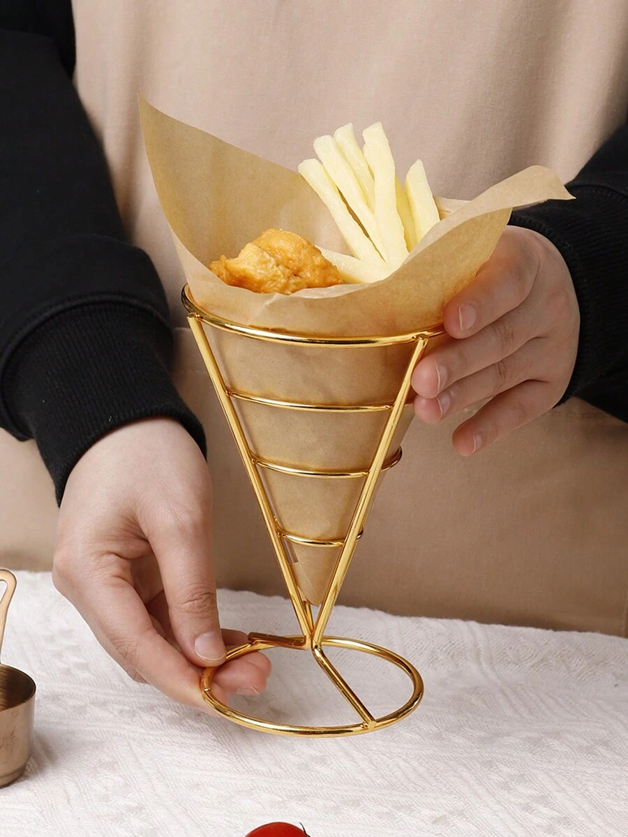 1 Pieza Canasta De Patatas Fritas Con Forma De Cono De Alambre De Hierro, Bandeja De Servicio De Bocadillos - Dorado - Ver 1