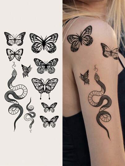 STARTTOOS Y2K Gothic Style Butterfly & Snake Temporary Tattoo Stickers - Dark Floral Arm Tattoo, Suitable For Wrist, Ankle, Shoulder, Neck, Collarbone, Waterproof Realistic Tattoo Stickers For Cosplay, Music Festival, Party, Valentine's Day Gift
