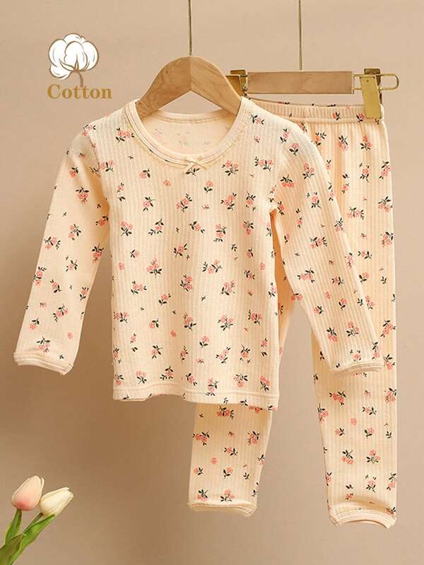 Kleine Mädchen Blumendruck Herbst Pyjama Set Mit Spitzendetails, Frühling & Herbst