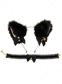 3 Pieces Carnival Handmade Simulation Fox Plush Tail Animal Tail + Bow Animal Ears Headband Cat Headdress + Bell Necklace Anime Cosplay Party Props - Black - View 4