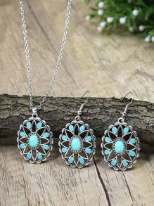 TopHanqi 3入組復古風格古銀色橢圓形鑲嵌海藍寶石掛墜合金珠寶套裝，包括耳環和項鍊，適合女性旅行、度假、日常生活和工作，四季皆宜