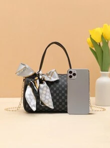 复古印花丝巾链条肩带手提包，女士日常休闲时尚手提包，女士时尚蝴蝶结钱包 - 彩色 - 查看 4