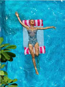 1pc Inflatable Water Floating Mat With Folding Lounger & Net Holder, Striped Water Hammock For Adult Water Activities Pool Float, Beach Essentials, Beach Accessories - Hot Pink - View 5