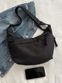 休閒極簡月牙拉鍊肩袋,純色萬用斜跨包