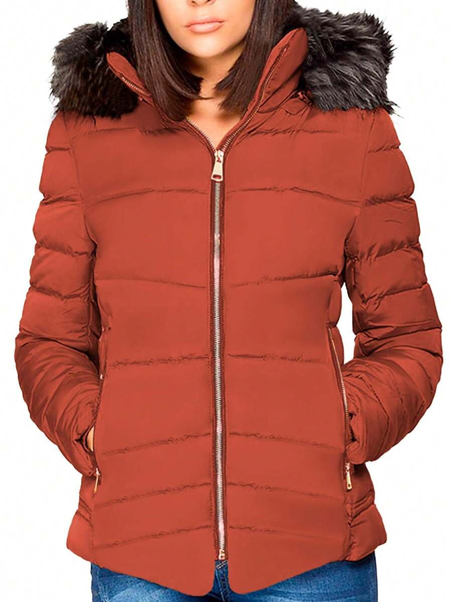 Shendy Vendy Women's Jacket Warm Polyester With Fur-Like Collar - Orange - View 1