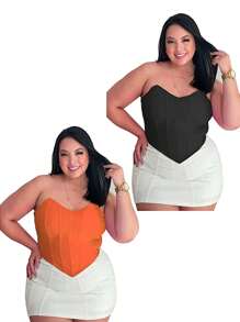 kit c/2 Corselet Plus Size, corselete com alças, corselete básico, moda casual, moda gringa, moda boho, moda sexy, look romântico, corselete, espartilho, corselete de zíper nas costas - Laranja Queimado - Visão 1