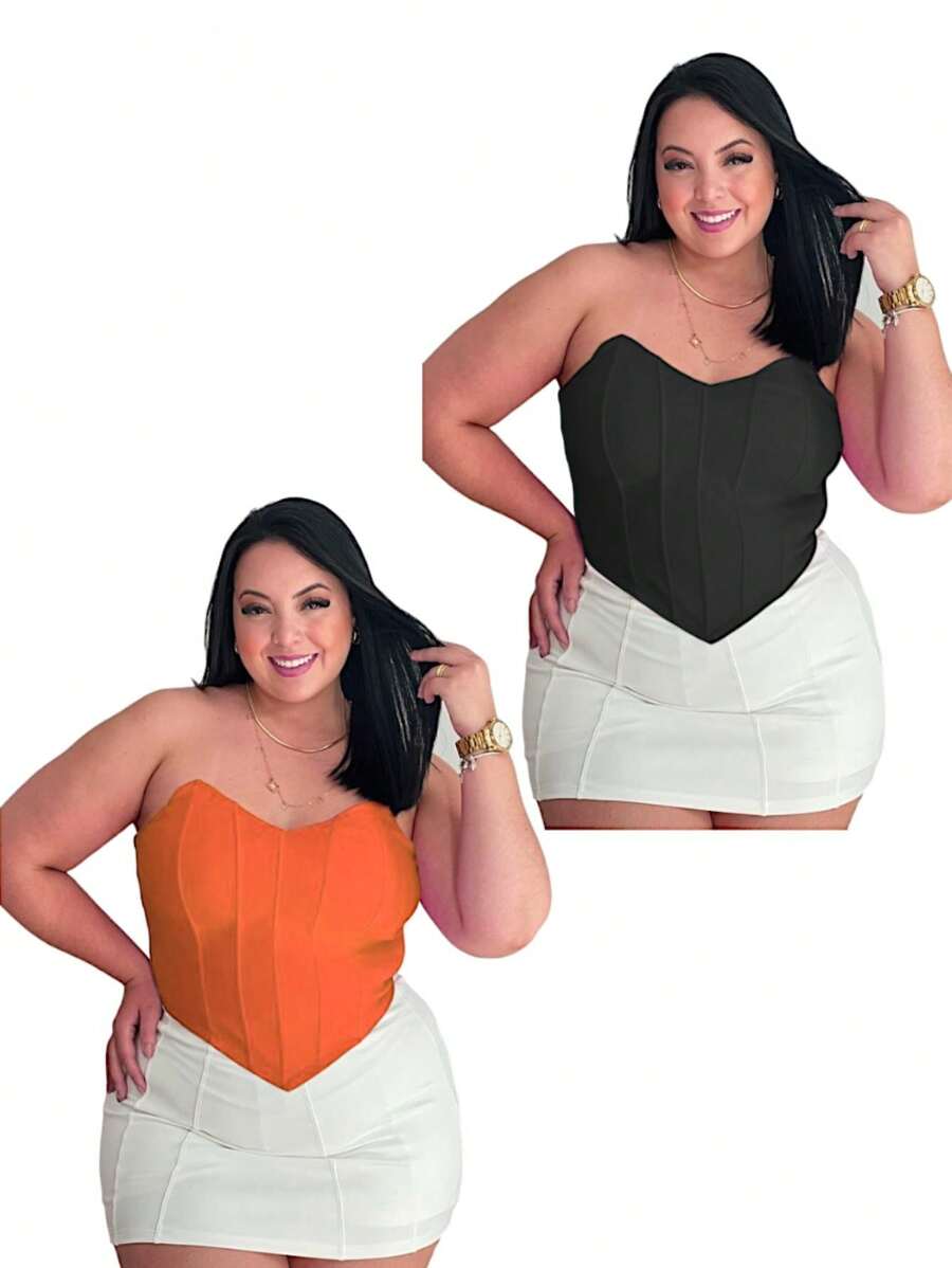 kit c/2 Corselet Plus Size, corselete com alças, corselete básico, moda casual, moda gringa, moda boho, moda sexy, look romântico, corselete, espartilho, corselete de zíper nas costas - Laranja Queimado - Visão 1