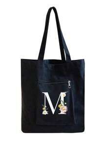 1个字母花卉图案手提包，女士休闲帆布手提包，适合度假、海滩和日常生活，是送给女性、妈妈、老师、朋友、伴娘的绝佳礼物，大容量，适合学生、返校季使用，便携休闲收纳手提包，多功能购物袋，全新设计，大容量，购物的理想之选 - 黑色 - 查看 21