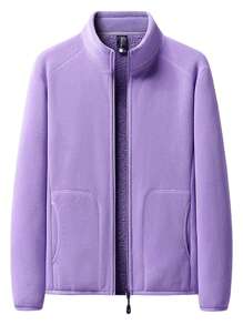 Women's Warm Purple Fleece Jacket With Stand Collar For Outdoor Activities - Purple - View 1