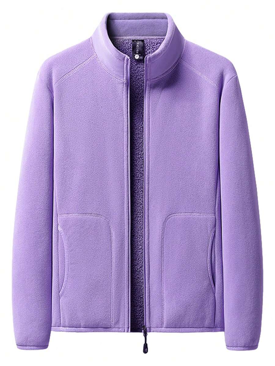 Women's Warm Purple Fleece Jacket With Stand Collar For Outdoor Activities - Purple - View 1