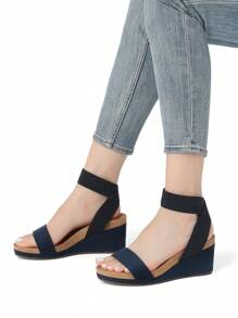 Women's Black Slip On Open Toe Elastic Ankle Strap Platform Comfortable Commuting  Wedge Sandals - Navy Blue - View 6