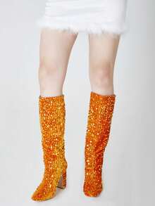 Metallic Shiny Women GO GO Boots Bling Sparkly Sequin Pull On Chunky High Heels Mid Calf Party Nightclub Disco Halloween Party Shoes - 金色 - 查看 5