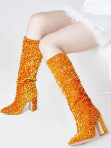 Metallic Shiny Women GO GO Boots Bling Sparkly Sequin Pull On Chunky High Heels Mid Calf Party Nightclub Disco Halloween Party Shoes - 金色 - 查看 6