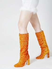 Metallic Shiny Women GO GO Boots Bling Sparkly Sequin Pull On Chunky High Heels Mid Calf Party Nightclub Disco Halloween Party Shoes - 金色 - 查看 4