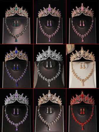1set Bridal Accessories For Women, Including Classic Crown, Simple Necklace, Earrings In Multicolor, Ideal For Wedding Dress, Party, And Gathering Tiaras