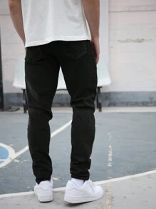 Vaqueros Rectos Elásticos y Ajustados Hombre, Mezclilla Comodo Moda - Negro - Ver 7