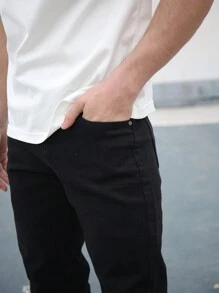 Vaqueros Rectos Elásticos y Ajustados Hombre, Mezclilla Comodo Moda - Negro - Ver 9