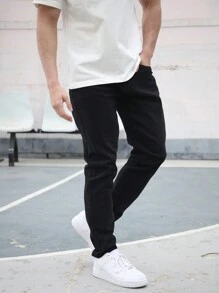 Vaqueros Rectos Elásticos y Ajustados Hombre, Mezclilla Comodo Moda - Negro - Ver 10