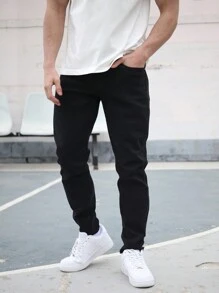 Vaqueros Rectos Elásticos y Ajustados Hombre, Mezclilla Comodo Moda - Negro - Ver 8