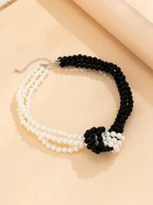 1pc Simple And Stylish Faux Pearl Bead Clavicle Necklace, Elegant And Charming Jewelry For Women - Black and White - View 4