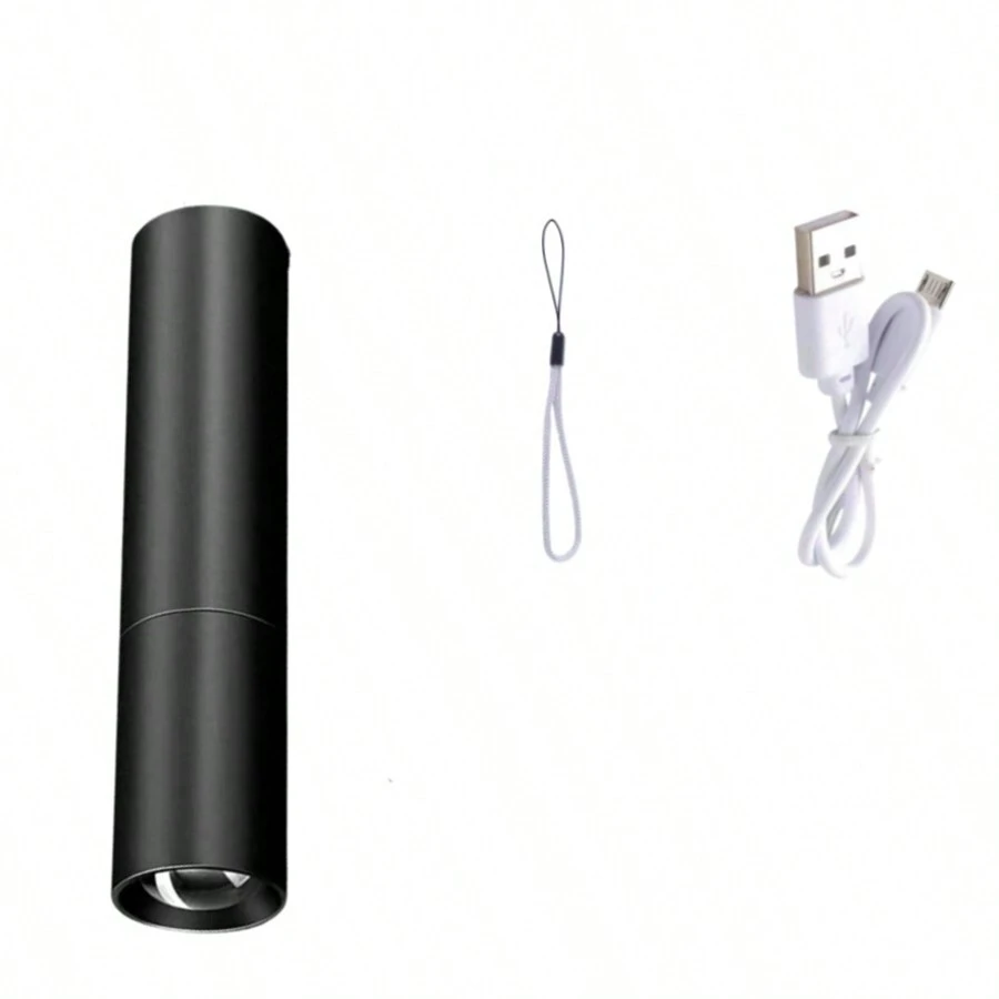 1 Pieza Mini Linterna Recargable Usb De Aleación De Aluminio Con Chip Led Ultra Brillante, Linterna Zoomable Y De Largo Alcance Conveniente - Negro - Ver 1