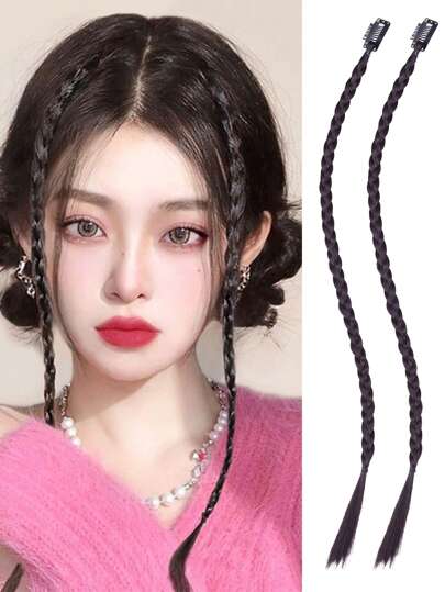 2Pcs Clip Braid Hair Extensions Accessories Braids Front Side Bang Long Braided Ponytail Extension 18inch Black Clip In Hair Extensions Straight Synthetic Hairpieces Natural Soft Synthetic Hair Extensions For Women Girls Daily Wear Christmas New Year