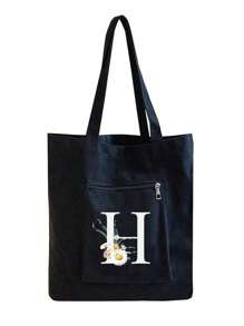 1个字母花卉图案手提包，女士休闲帆布手提包，适合度假、海滩和日常生活，是送给女性、妈妈、老师、朋友、伴娘的绝佳礼物，大容量，适合学生、返校季使用，便携休闲收纳手提包，多功能购物袋，全新设计，大容量，购物的理想之选 - 黑色 - 查看 14