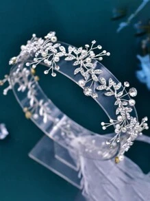1件闪亮新娘头饰，缀满水钻和金属叶片，适合女士派对、婚礼、情人节等场合佩戴，优雅别致。 - 銀色 - 查看 5